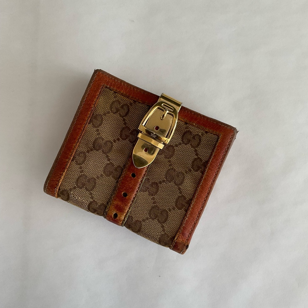 GUCCI Monogram Buckle Compact Wallet Brown